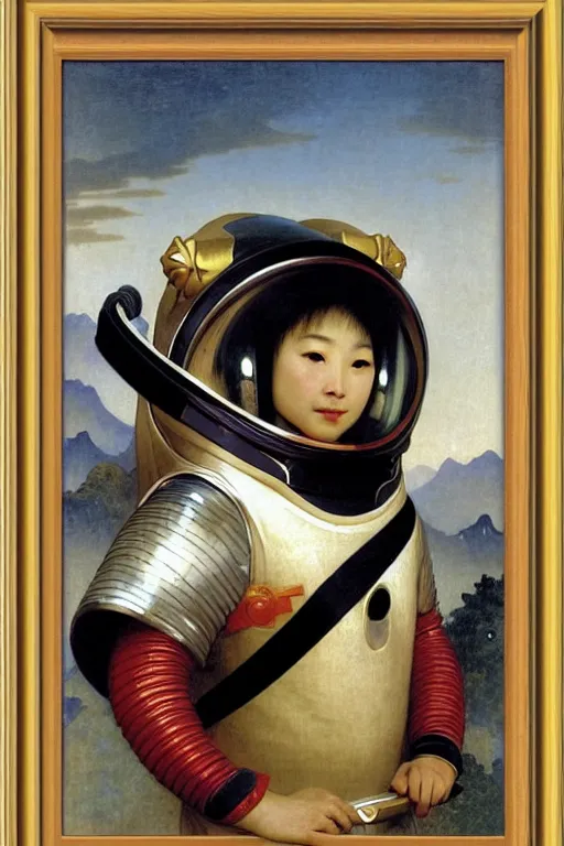 Prompt: portrait of a chinese dragon astronaut in chinese armor and helmet, by bouguereau