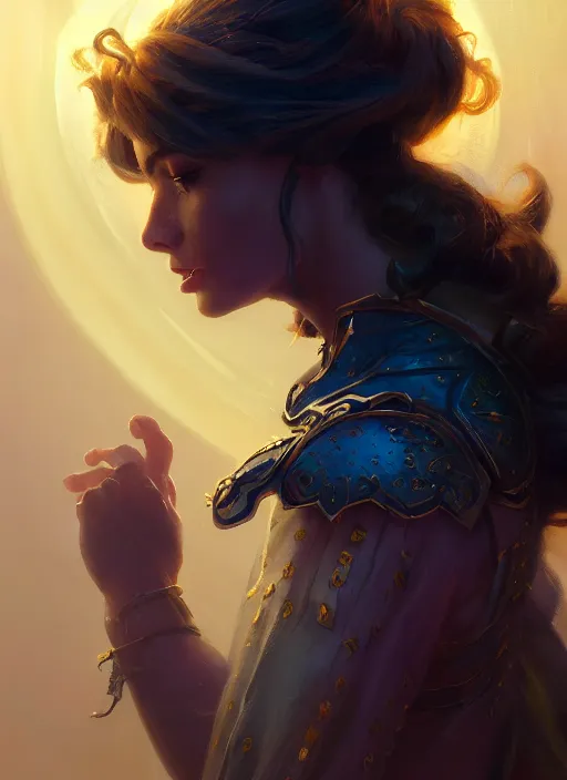 Image similar to side portrait, imogen poots, paladin, fantasy, gloomhaven, luminescent, organic painting, gaudy colors, octane render, unreal engine, by greg manchess, huang guangjian, gil elvgren, sachin teng, greg rutkowski, jesper ejsing, ilya kuvshinov