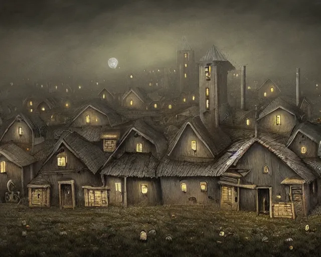 Image similar to a painting of an eerie small village on the tongue of a huge otherworldly creature, by anton semenov