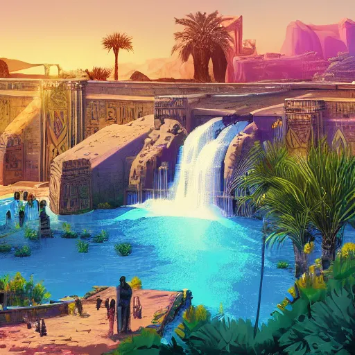 Prompt: a ancient egyptian city with plants and waterfalls, digital art retrowave art,trending on art station