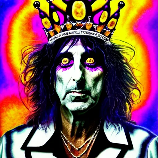 Image similar to An extremely psychedelic portrait of Alice Cooper wearing a crown, surreal, LSD, face, detailed, intricate, elegant, lithe, highly detailed, digital painting, artstation, concept art, smooth, sharp focus, illustration