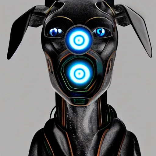 Prompt: robot greyhound with glowing eyes, digital art, trending on artstation,