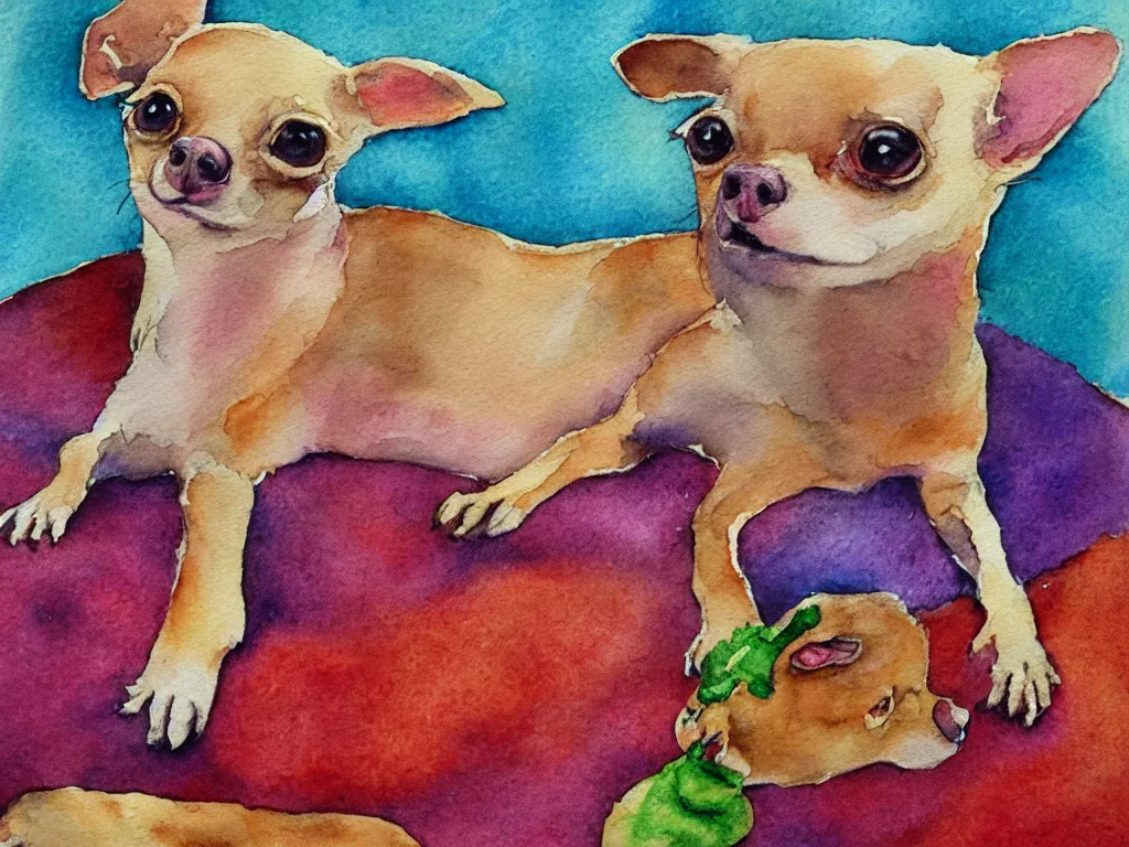 Image similar to a chihuahua dreams of meat slushie outsider art children's illustration watercolor painting