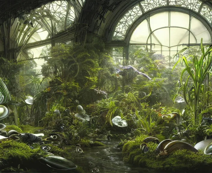 Image similar to simplicity, transparent clear see - through image of mollusks, lush botany, orchids, ferns, biomechanical environment, ultra realistic, concept art, photorealistic, octane render, 8 k, unreal engine. art by gustave dore and nori inoguchi and sam kaplan and zachary goulko and christopher marley and artgerm and alphonse mucha