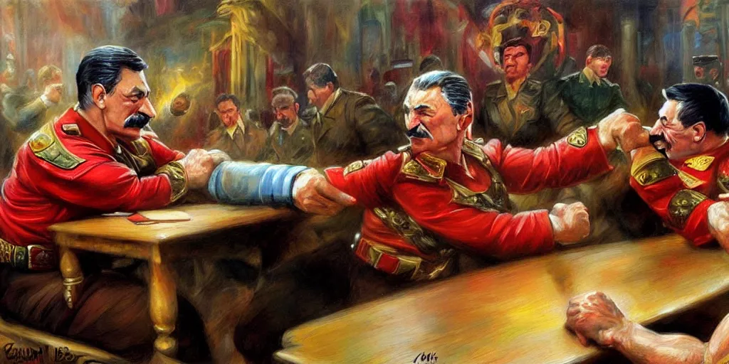 Prompt: arm wrestling between vladimit putin and iosif stalin, hyperrealistic, digital concept art, caricature illustration, art by gaston bussiere