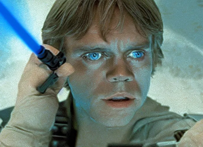 Prompt: screenshot from the lost star wars film, blue transparent hologram of Luke Skywalker, iconic scene from the lost Star Wars film, Remnants Of the Empire, 1990 directed by Stanely Kubrick, moody cinematography, with anamorphic lenses, crisp, detailed, 4k