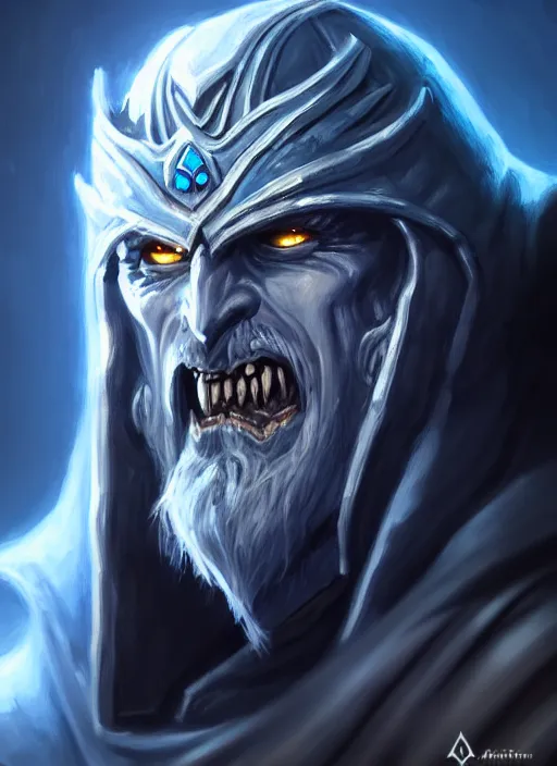 Image similar to portrait painting of lich king, acrylic, daz. detailed, portrait, oil painting, artstation, unreal 5, hd, artgerm, dnd, rpg