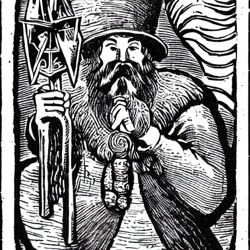 Image similar to wizard with beard, holding a bomb, dnd, high detail, fantasy, in the style of vintage antique illustration and line drawing or engraving, woodcut,