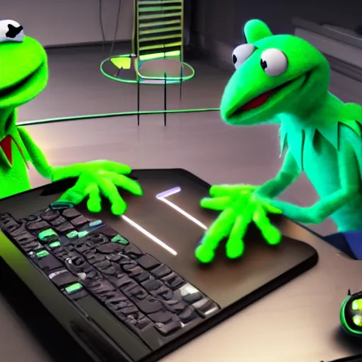 Image similar to Kermit the frog as a computer hacker, cyberpunk unreal 4k neon muppet digital art