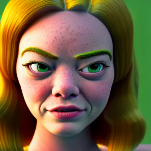 Image similar to Emma Stone as a female version of Shrek, she has shrek nose, long pointy ears features, with green skin, fully detailed, high quality , 4k , octane render , soft lightening , masterpiece