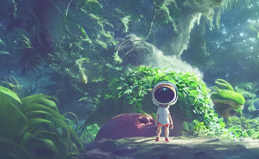 Image similar to a still of a cute adorable tiny astronaut, on a planet of lush foliage, with an enormous kaiju dragon surrounding, magical forest, sharp focus, neon backlit, highly detailed, disney pixar studio ghibli makoto shinkai, digital painting, matte, octane render, global illumination, iridescent, anime, 8 k