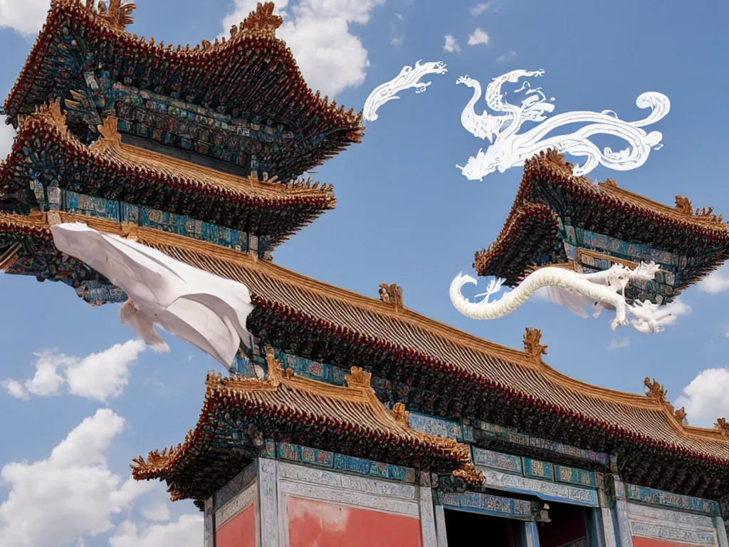 Prompt: a white dragon hovering in the sky of the forbidden city