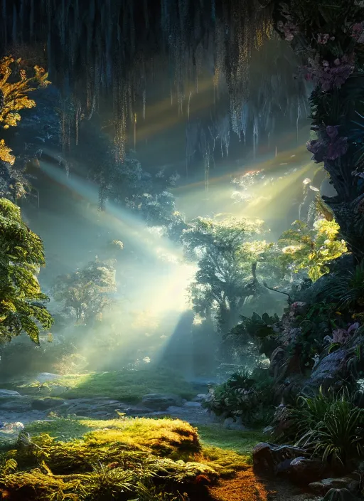 Image similar to beauteous sumptuous, with incredible indirect soft cinematic lighting, garden of eden, crystalline masterpiece incrustations, hyperdetailed features, movie still, intricate, octane render, cinematic forest lighting, unreal engine, crepuscular rays, god rays