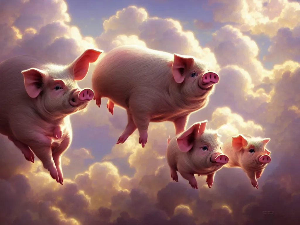 Prompt: cute pigs in the clouds, cute and cuddly, highly detailed, photorealistic, octane render, 8 k, unreal engine. art by artgerm and greg rutkowski and alphonse mucha