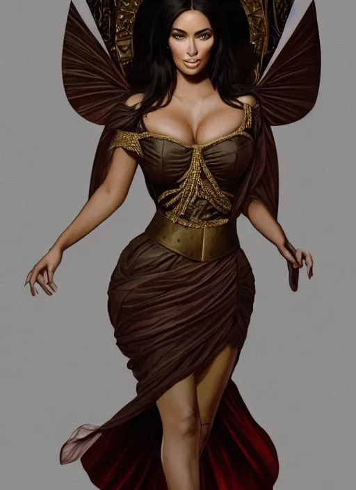 Image similar to portrait of a full body of young beautiful female princess, a mix of kim kardashian and salma hayek and megan fox, d & d, baroque dress, elegant, flat lighting, intricate, highly detailed, digital painting, artstation, concept art, smooth, sharp focus, illustration, art by simon bisley and greg rutkowski and alphonse mucha, natural tpose