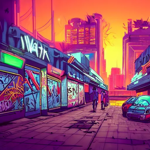 Prompt: beautiful graffiti on a wall in a cyberpunk city, happy mood, futuristic, neon, high detail, sunset, realistic