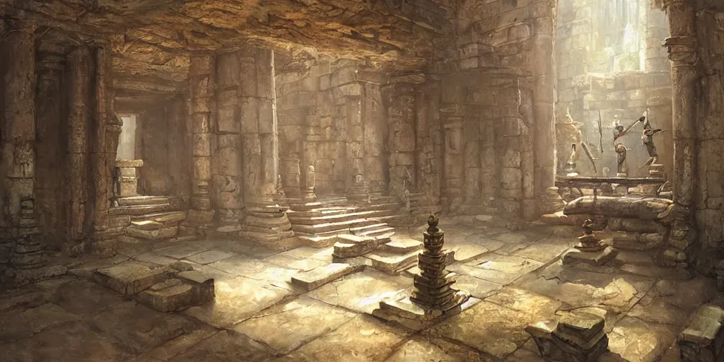 Image similar to deadly traps, ancient temple, pillars, tomb raidar, indiana jones, altar, traps, from inside a temple, temple run, painted by greg rutkowski