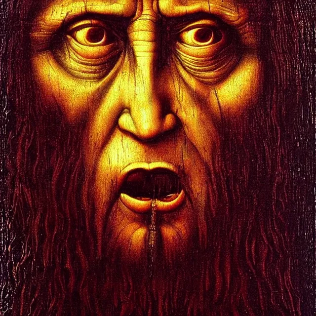 Prompt: shocked face of putin demon, leonardo da vinci, hell, tears, hyper - realistic, sharp focus, depth of field, hyper - detailed visionary art, symmetric, hell, holy halo, dramatic ambient lighting, high detail, vibrant colors, the thing 1 9 8 2