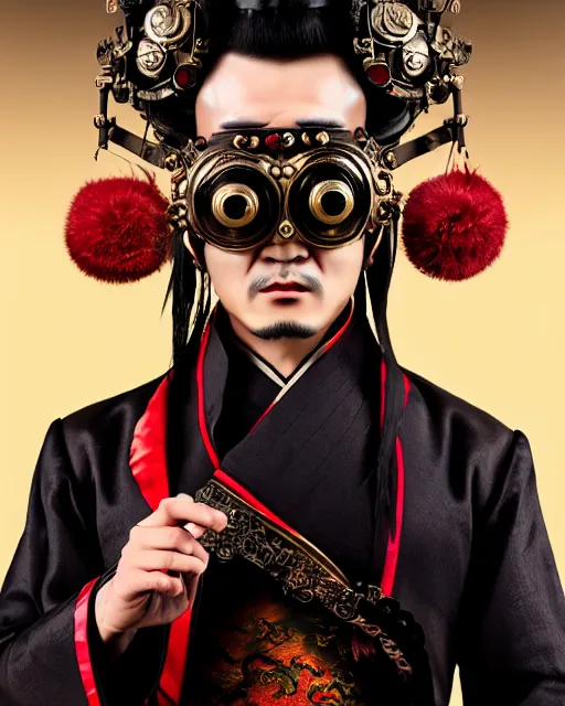 Image similar to photo of a Dramatic Peking Opera male character wearing MadMax style steampunk goggles and accessories in the style of stefan kostic, realistic, sharp focus, symmetric, 8k high definition, insanely detailed, intricate, elegant, art by stanley lau and artgerm, William-Adolphe Bouguereau