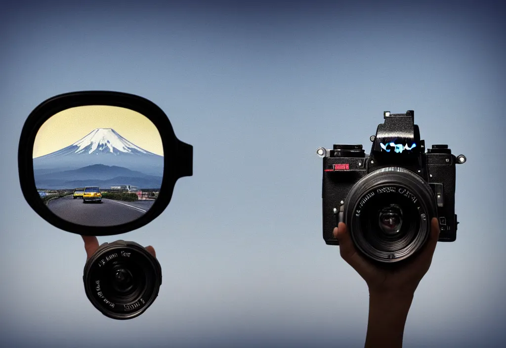 Image similar to first person view of a road coat sleeve arm hand grasping the back side rear angle viewfinder of a nikon dslr camera with mount fuji image in viewfinder, in the style of wes anderson, rene magritte, lola dupre, david hockney, isolated on white background, dark monochrome neon spraypaint accents octane render