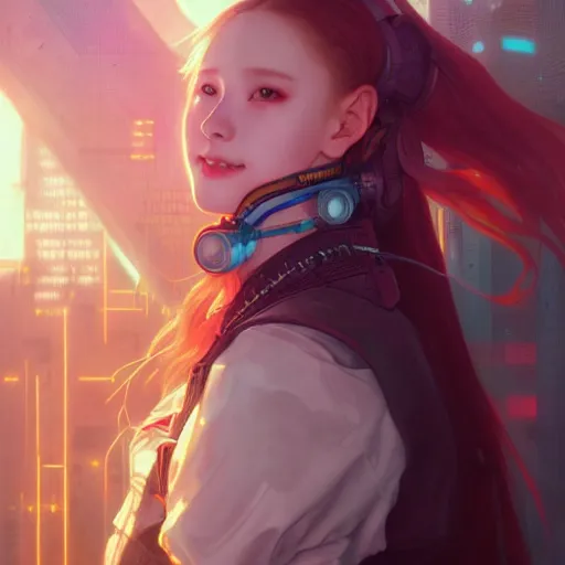 Prompt: portrait painting of cyberpunk chuu loona kpop smiling cheerfully, ultra realistic, concept art, intricate details, eerie, highly detailed, photorealistic, octane render, 8 k, unreal engine. art by artgerm and greg rutkowski and magali villeneuve and alphonse mucha