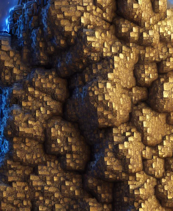 Image similar to concept art of giant fractal bismuth golem consists of bismuth geodes, fractalization, extremely high details, masterpiece, photorealistic, hyperrealism, vray, octane render, volumetric lighting, depth of field, bokeh, artstation, cgsociety by johannen voss, michael whelan, greg broadmore, frank frazetta