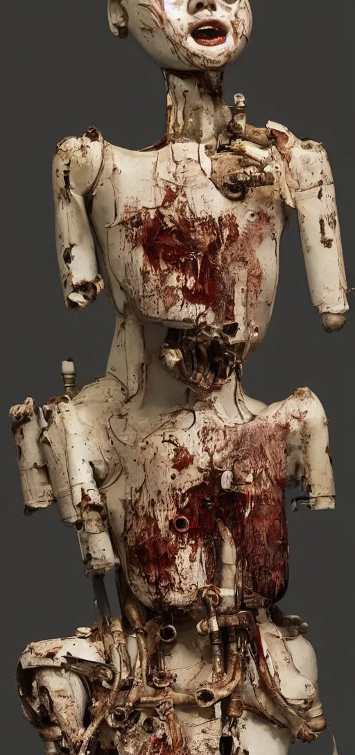 Image similar to a disfigured mannequin figure made out of clean pipes and machinery, horror, body horror, creepy, dark, disturbing, unsettling, hyperrealistic, dramatic,