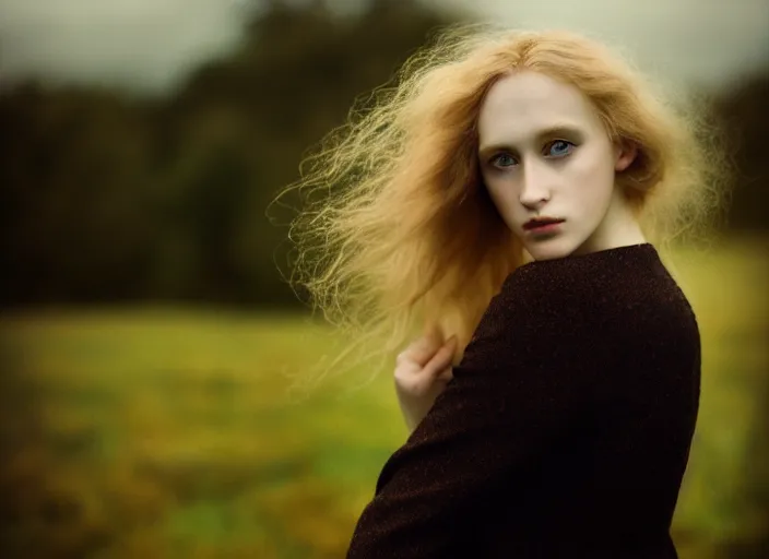 Image similar to cinestill 5 0 d photo of a pre - raphaelite blond beautiful woman, dreamy mood, fine art photography in style of gilles zimmermann, 1 5 0 mm, f 1. 2, emotionally evoking, head in focus, stormy clouds outdoor, matt mute colour background, volumetric lighting, hyper realistic, ultra detailed