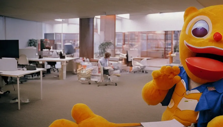 Prompt: 1990s candid 35mm photo of a beautiful day at the happy business office, cinematic lighting, cinematic look, golden hour, a man is working at his cubicle when his very large costumed Japanese mascot boss yells at him, large angry mascot face screaming at working man, man is dreaming of escaping through a tunnel in the floor, the tunnel has cinematic light beams shining out of it, UHD