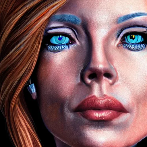 Image similar to extremely detailed portrait of the first beautiful female cyborg president of the united states of america. highly detailed lifelike photorealistic digital painting, artstation.