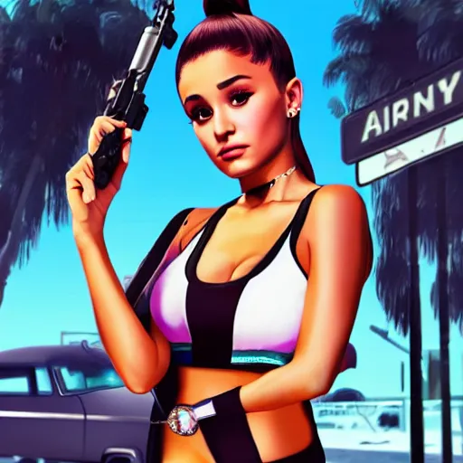 Image similar to Ariana Grande in GTA V, cover art by Stephen Bliss, artstation