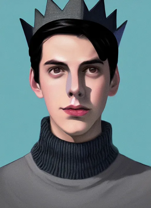 Image similar to portrait of teenage jughead jones wearing a light grey crown, crown, blue turtleneck, 1 9 5 0 s, closed eyes, photorealistic, black hair, glowing lighting, intricate, elegant, glowing lights, highly detailed, digital painting, artstation, concept art, smooth, sharp focus, illustration, art by wlop, mars ravelo and greg rutkowski