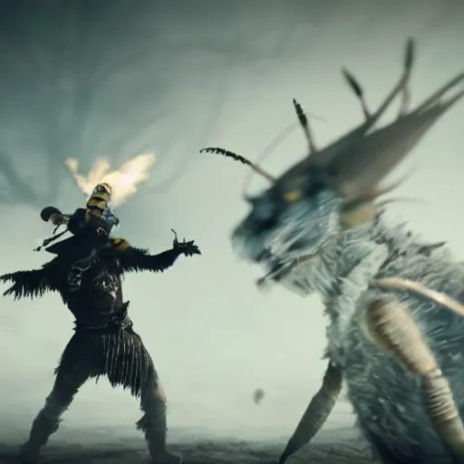 Image similar to justin sun as night king versus huge bee, 4 k, epic, cinematic, focus, movie still, fantasy, extreme detail, atmospheric, dark colour, sharp focus