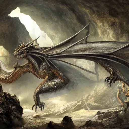 Image similar to a dragon protecting its treasure pile in a cave with bones scattered across the floor, matte painting.