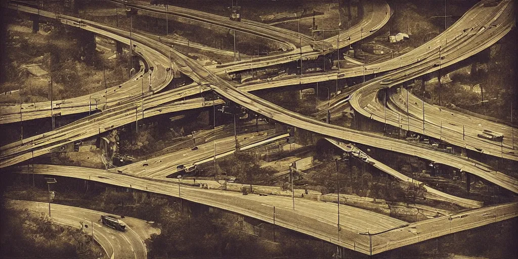 Image similar to “American dystopian highway in the style of Kurosawa”