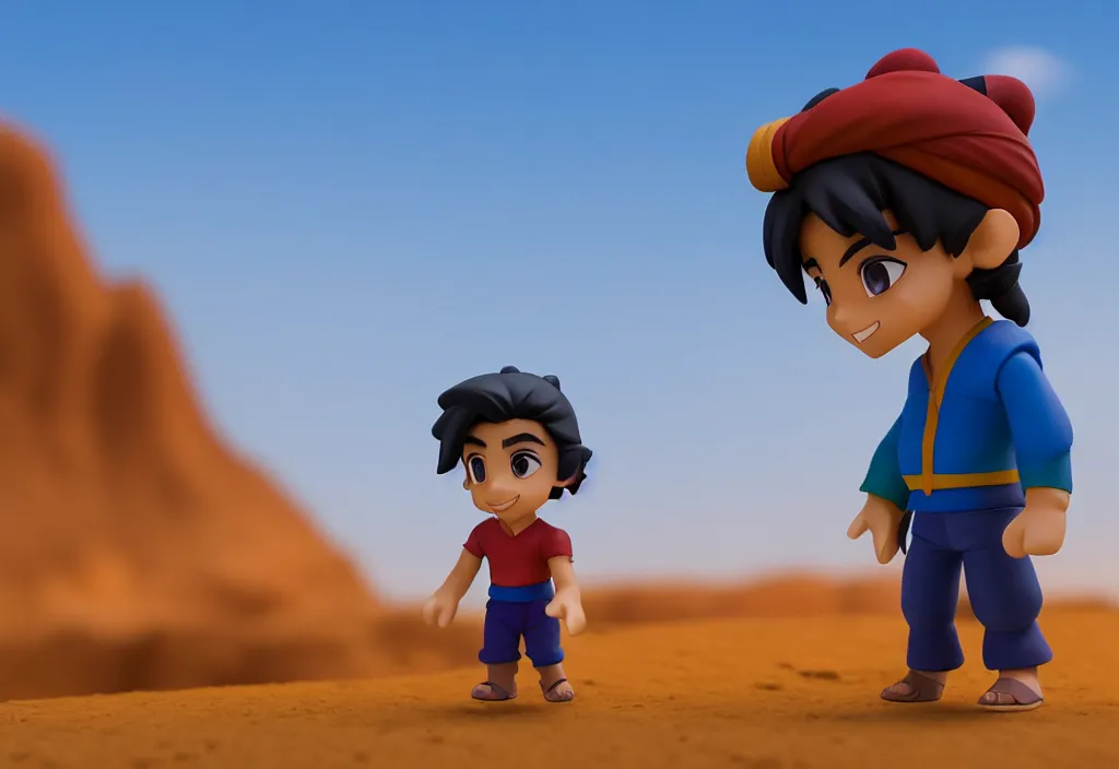 Prompt: profile view of young aladdin as nendoroid walking in a desert, wearing typical clothes, 8 k, hd, dof, kodak film, volumetric lighting, subsurface scattering, photorealistic, octane render