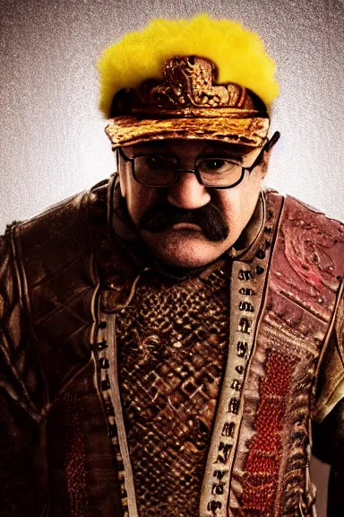 Image similar to very very intricate photorealistic photo of wario wearing his hat in an episode of game of thrones, photo is in focus with detailed atmospheric lighting, award - winning details