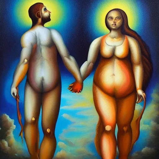 Prompt: couple walking hand in hand, in the heaven and the hell at the same time, oil painting, beautiful, intricate, hell in the bottom, heaven in the top, very detailed