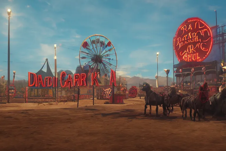 Image similar to 3d sculpt of an arched sign for a circus called 'the dark metal carnival', red dead redemption2, las vegas, artstaton, digital illustration