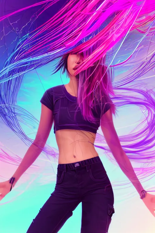 Image similar to a award winning half body portrait of a beautiful woman in a croptop and cargo pants with ombre purple pink teal hairstyle with head in motion and hair flying, surrounded by whirling illuminated lines, outrun, vaporware, shaded flat illustration, digital art, trending on artstation, highly detailed, fine detail, intricate