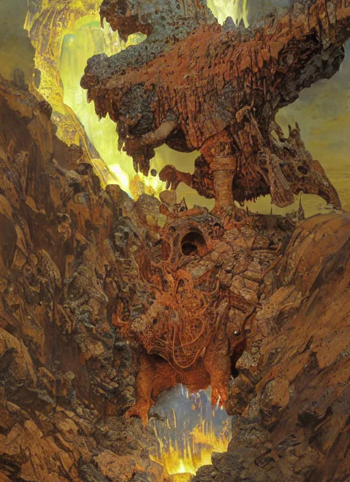 Prompt: metal armoured beast in cave, lava flows, fire, dynamic action, by lawrence alma - tadema and zdzislaw beksinski and norman rockwell and jack kirby and tom lovell and greg staples