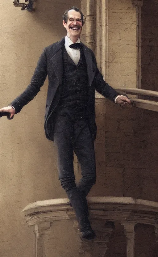 Prompt: portrait of a smiling victorian gentleman wearing a suit, happy, standing on a balcony, detailed face, 1 9 th century, highly detailed, cinematic lighting, digital art painting by greg rutkowski