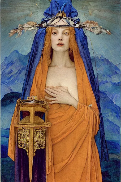 Image similar to portrait of the last queen of the dawn mountains with her lantern and regalia, by Annie Swynnerton and Nicholas Roerich and John Bauer and John William Godward and Donato Giancola and Vermeer, embroidered velvet, iridescent beetles, rich color, ornate headdress, flowing robes, lost runes, ancient civilizations, dramatic cinematic lighting, featured on Artstation, extremely detailed