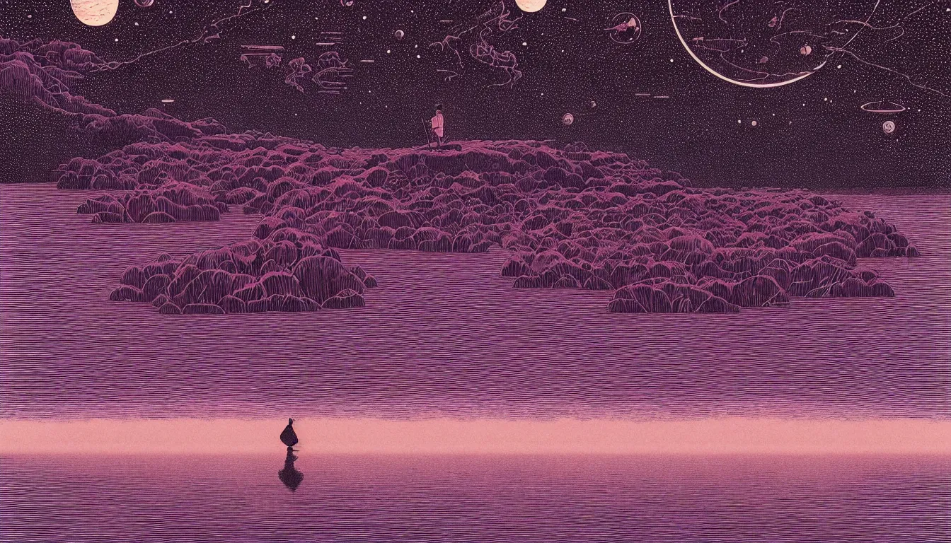 Prompt: standing at the edge of a lake looking at reflections of the night sky by nicolas delort, moebius, victo ngai, josan gonzalez, kilian eng