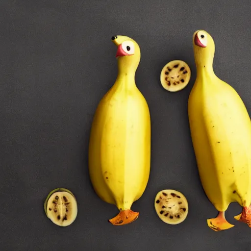 Image similar to professional photograph of banana ducks, peeled bananas with googly eyes and duck beaks