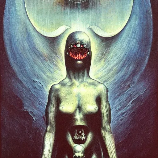 Image similar to space pazuzu, oil painting by giger, mobius and beksinski