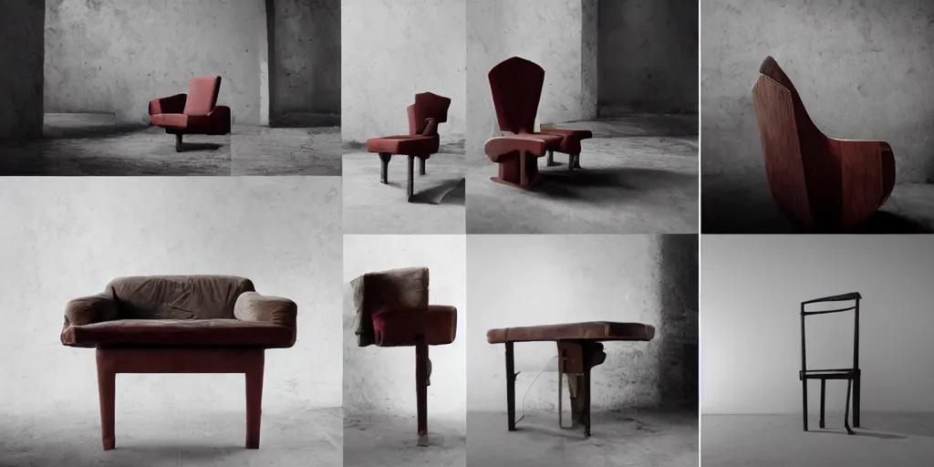 Prompt: furniture designs in the style of Jordi Albinyana, design sheet, Les Edwards, Zdzislaw Beksinski, Carl Gustav Carus, John Harris, Michal Karcz, Zhang Kechun, Mikko Lagerstedt, Scott Listfield, Steven Outram, Jessica Rossier.