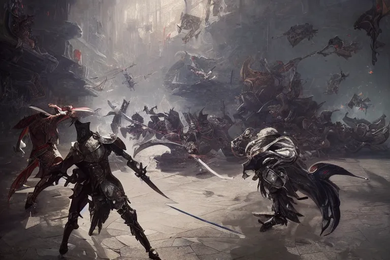 Prompt: painting of people tripping over swords in an arena, digital painting, volumetric light, intricate, sharp, focus, bloom, illustration, highly detailed, concept art, matte, ruan jia, randy vargas, greg rutkowski