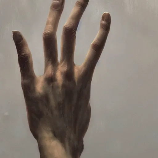 Image similar to Holding hands, vertical symmetry, close up shot, detailed hands, beautiful moody artwork by Greg Rutkowski and Asher Duran