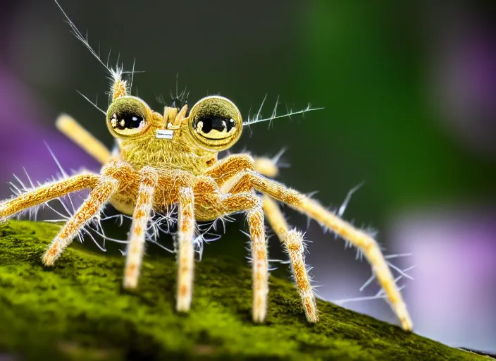 Prompt: super macro of a crystal spider with big eyes sitting on a flower, in the forest. fantasy magic style. highly detailed 8 k. intricate. nikon d 8 5 0 3 0 0 mm. award winning photography.